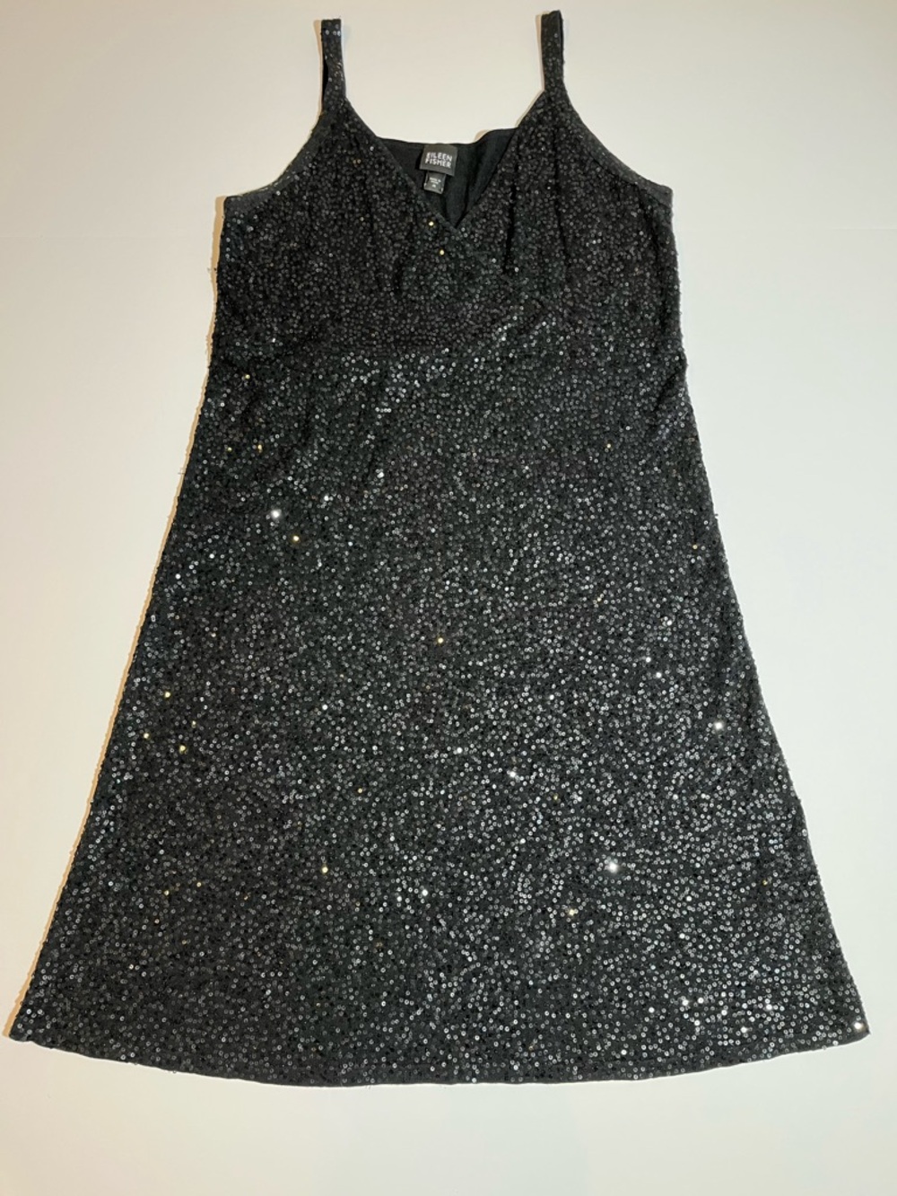 Eileen Fisher Black Sequin Silk Blend Sleeveless Shift Short Dress V Neck Medium